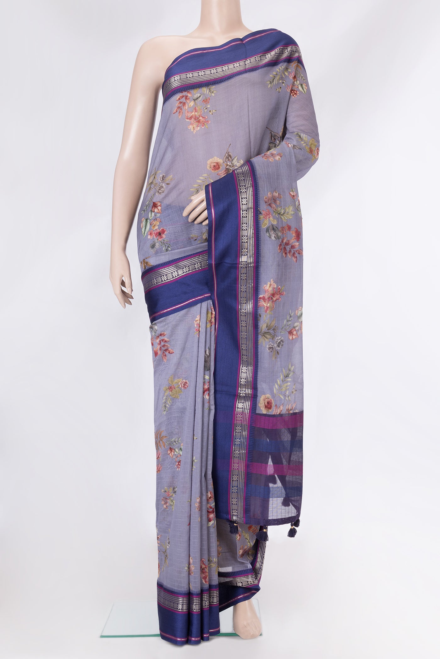 Grey Dual Tone Chanderi Silk Cotton Saree with Printed design on the body and Zari Border.  displayed on a mannequin