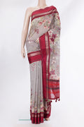 Pure Silk Grey Dual Tone Chanderi Saree with Printed design on the body and Zari And Thread Border.  displayed on a mannequin