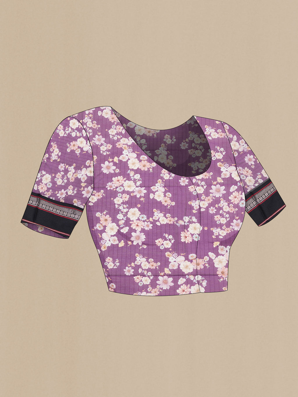Close up image of the blouse of Purple Dual Tone Chanderi Silk Saree with Printed design on the body and Zari Border. 