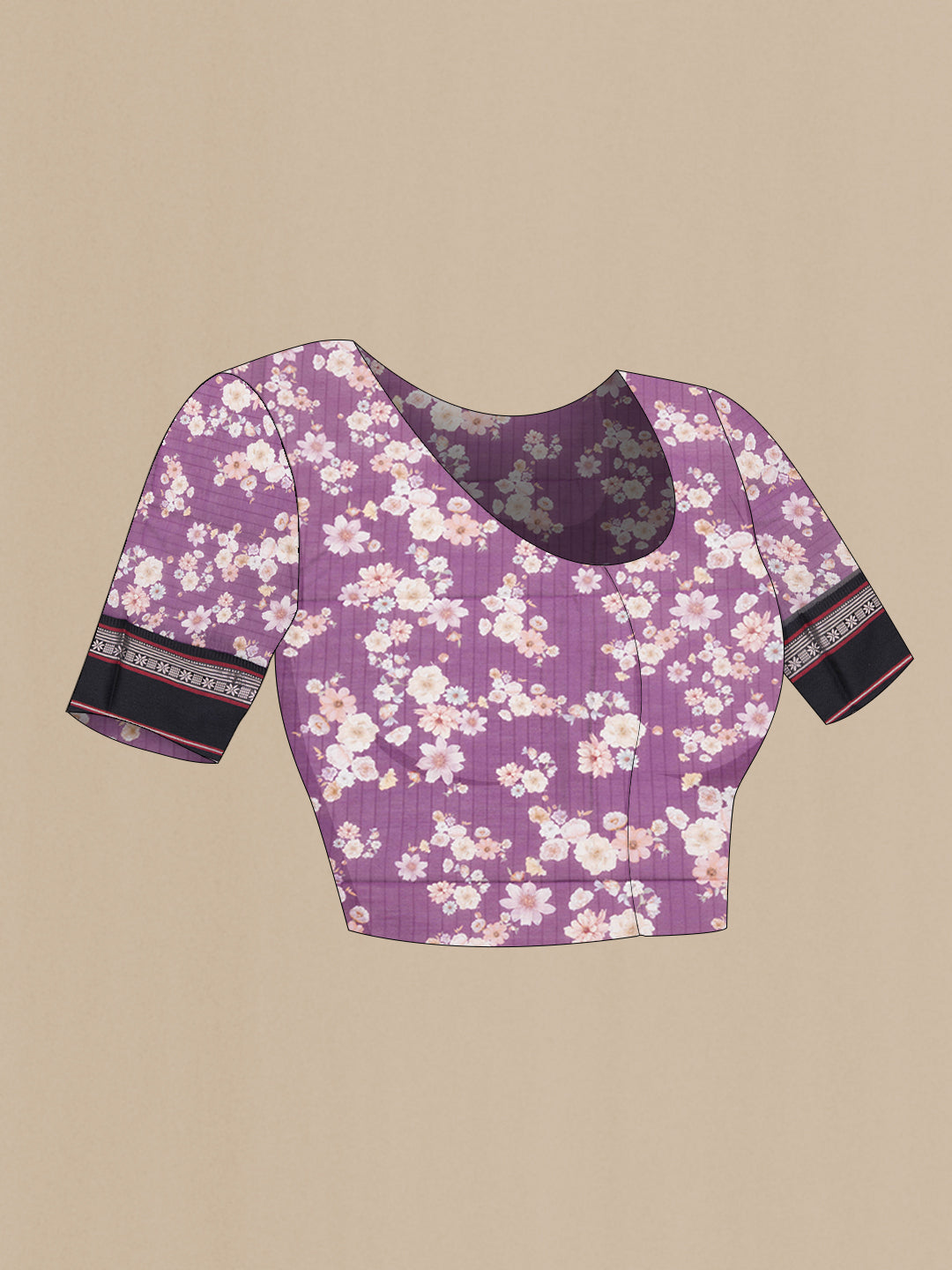 Close up image of the blouse of Purple Dual Tone Chanderi Silk Saree with Printed design on the body and Zari Border. 