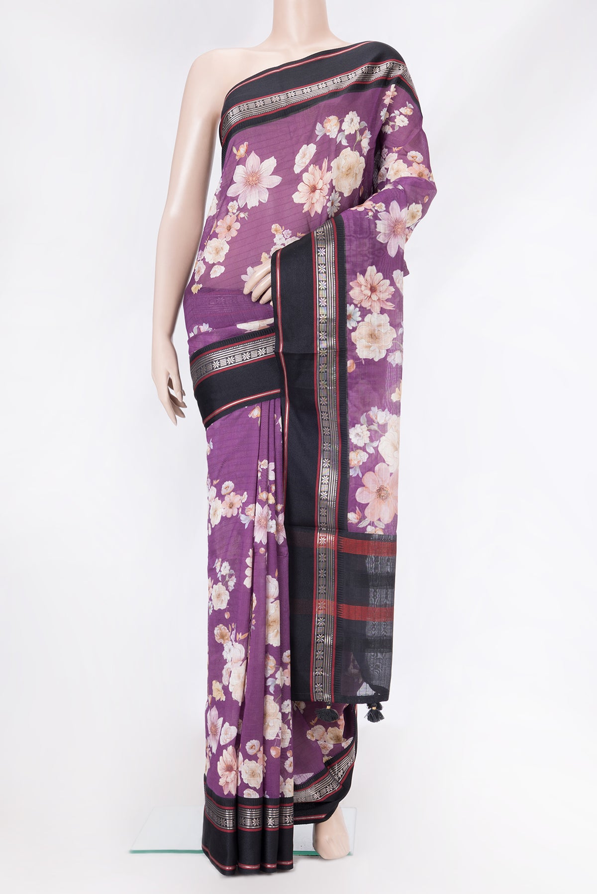 Purple Dual Tone Chanderi Silk Saree with Printed design on the body and Zari Border.  displayed on a mannequin