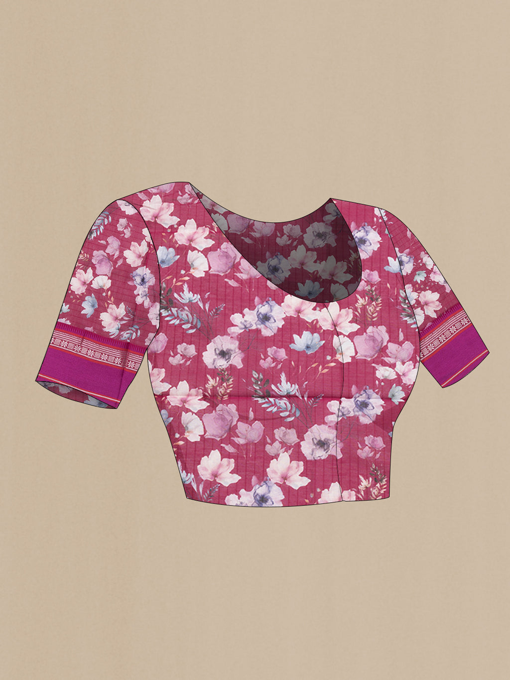 Close up image of the blouse of Pink Dual Tone Chanderi Silk Cotton Saree with Printed design on the body and Zari And Thread Border. 