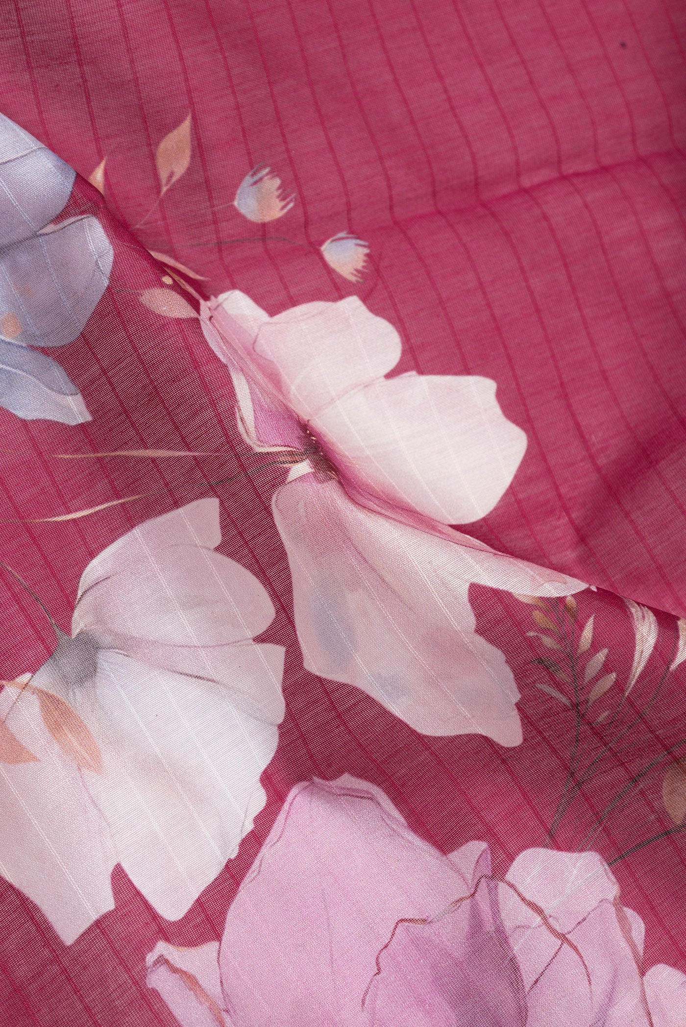 Close up of Pink Dual Tone Chanderi Silk Cotton Saree with Printed design on the body and Zari And Thread Border.  displaying folds