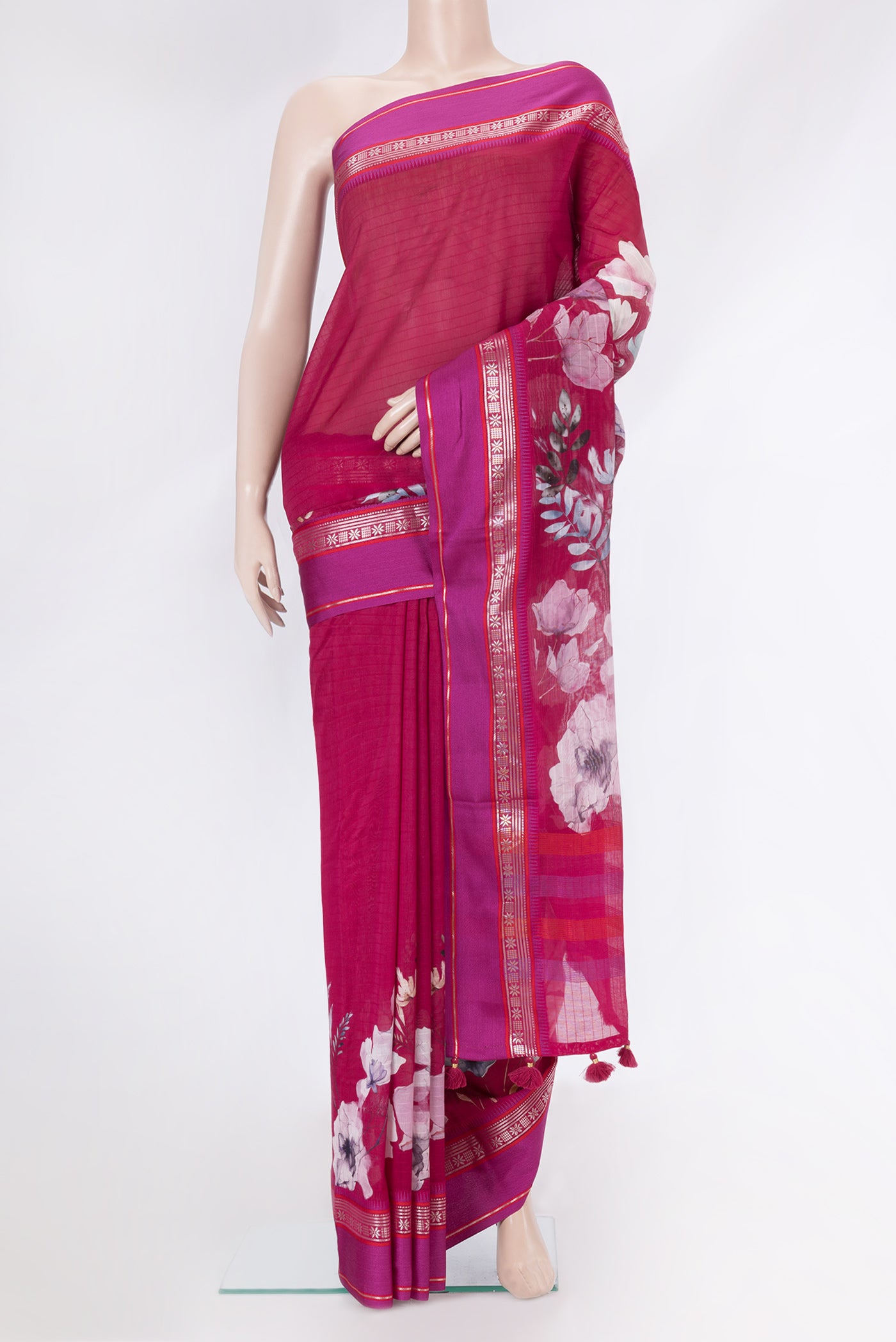 Pink Dual Tone Chanderi Silk Cotton Saree with Printed design on the body and Zari And Thread Border.  displayed on a mannequin
