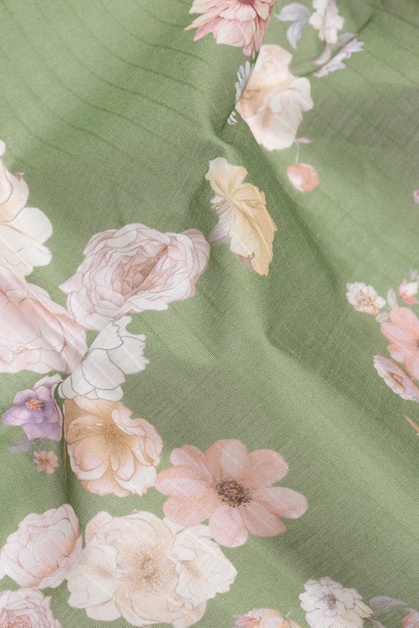Close up of Mehandi Green Dual Tone Chanderi Silk Saree with Printed design on the body and Zari Border.  displaying folds