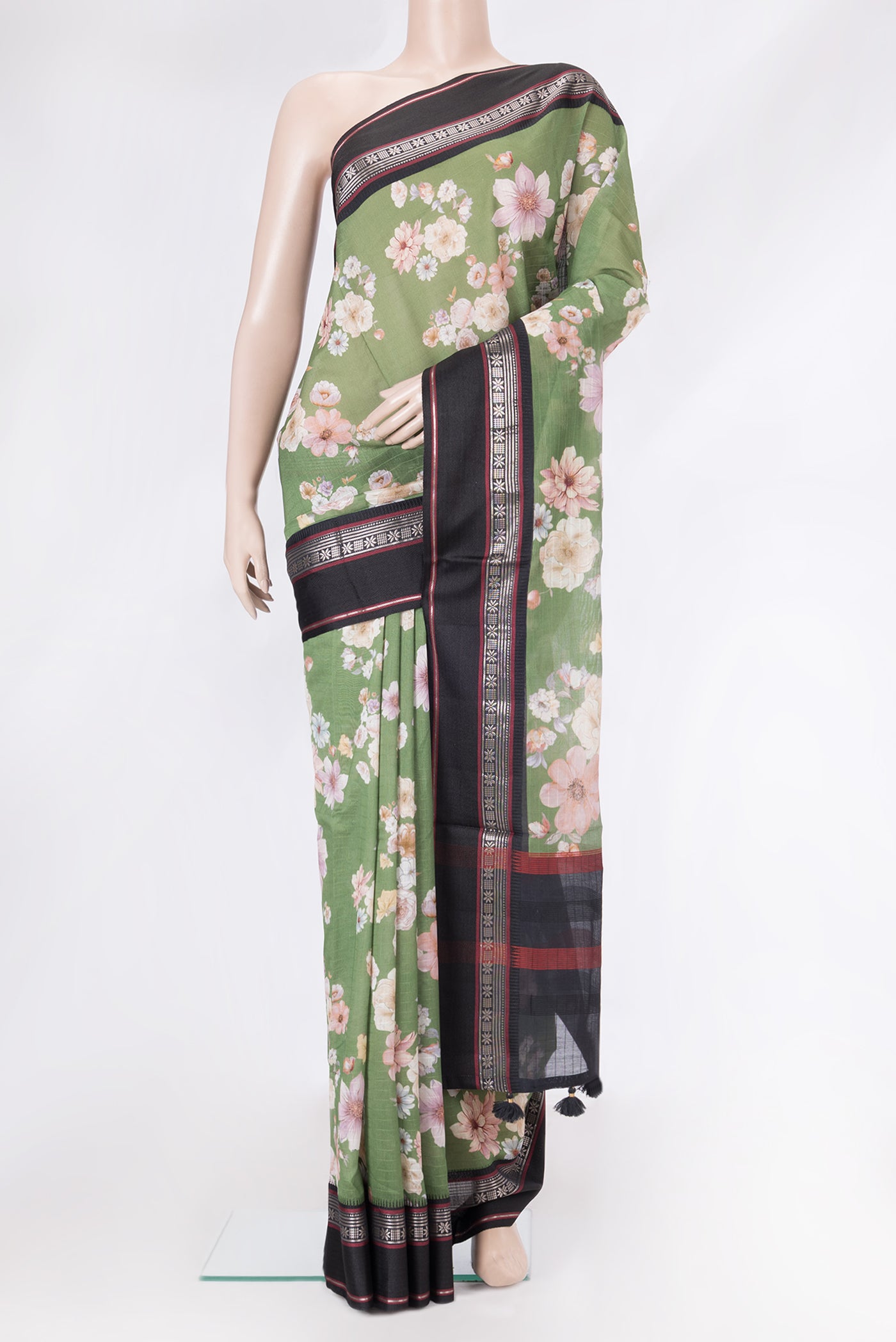 Mehandi Green Dual Tone Chanderi Silk Saree with Printed design on the body and Zari Border.  displayed on a mannequin