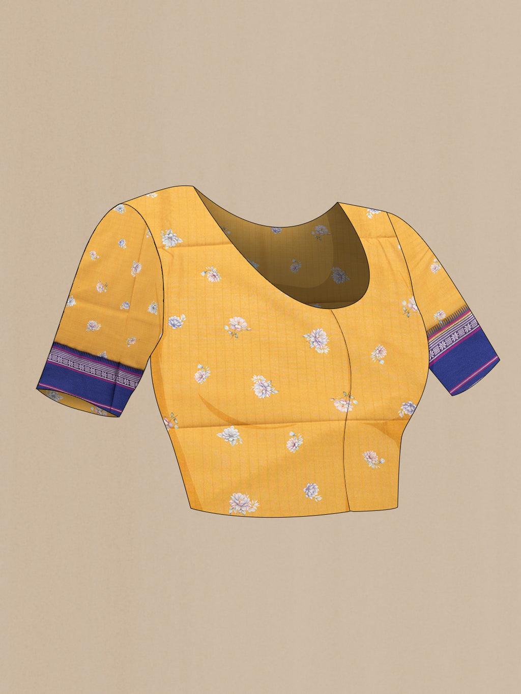 Close up image of the blouse of Mustard Dual Tone Chanderi Silk Saree with Printed design on the body and Zari And Thread Border. 