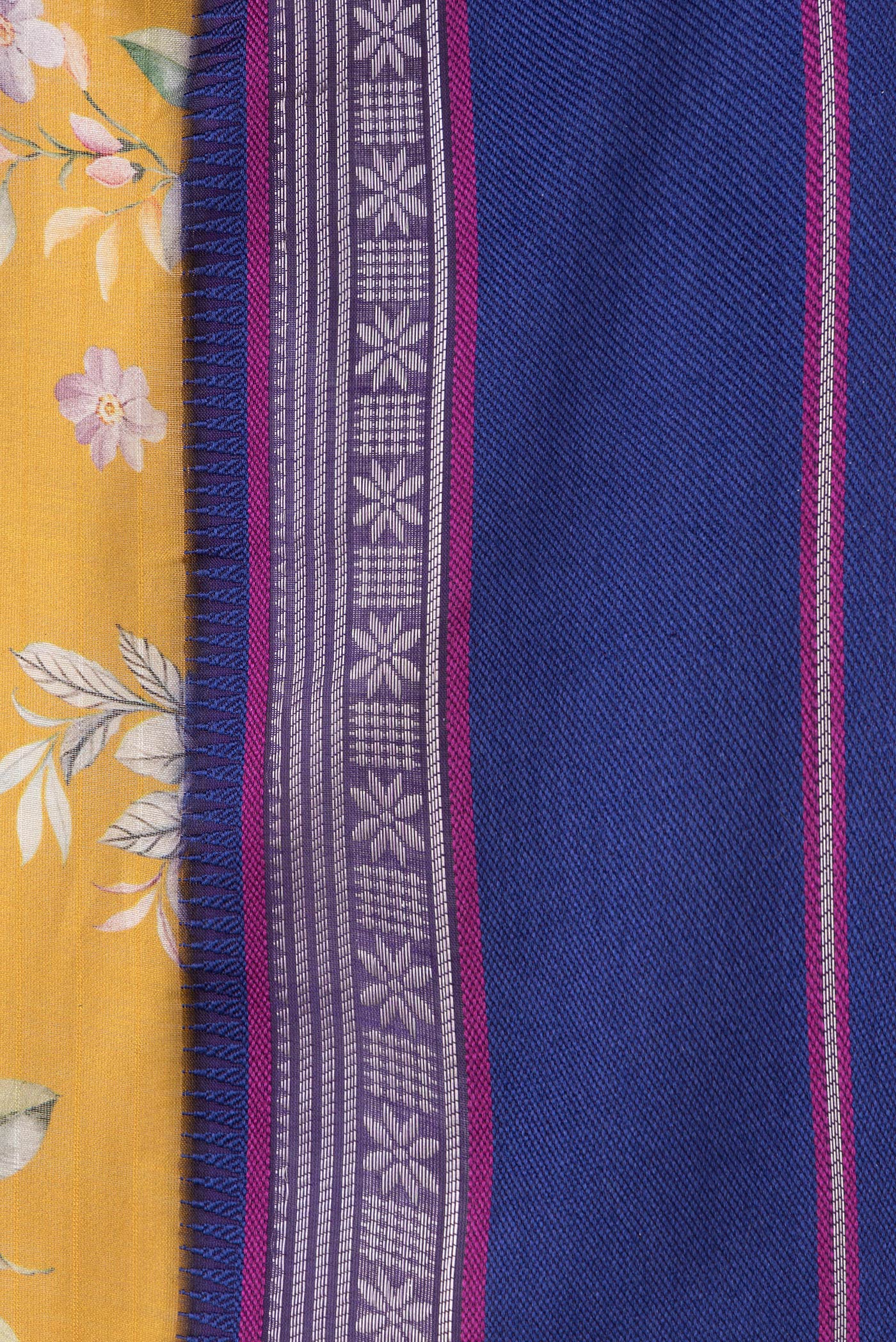 Border image of Mustard Dual Tone Chanderi Silk Saree with Printed design on the body and Zari And Thread Border. 