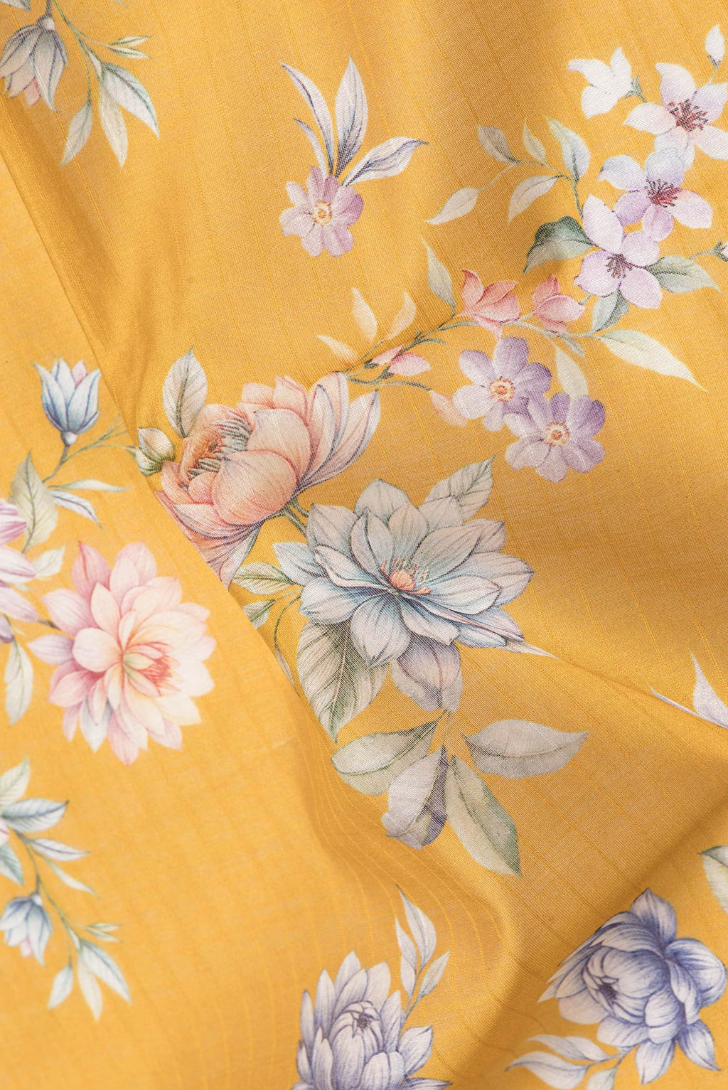 Close up of Mustard Dual Tone Chanderi Silk Saree with Printed design on the body and Zari And Thread Border.  displaying folds