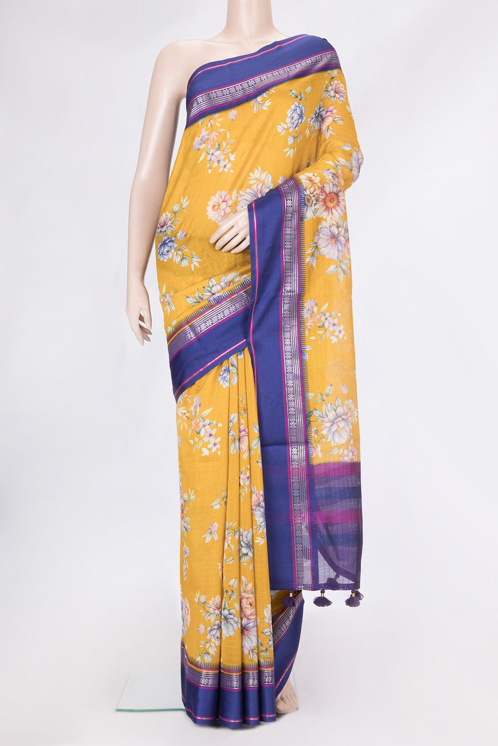 Mustard Dual Tone Chanderi Silk Saree with Printed design on the body and Zari And Thread Border.  displayed on a mannequin