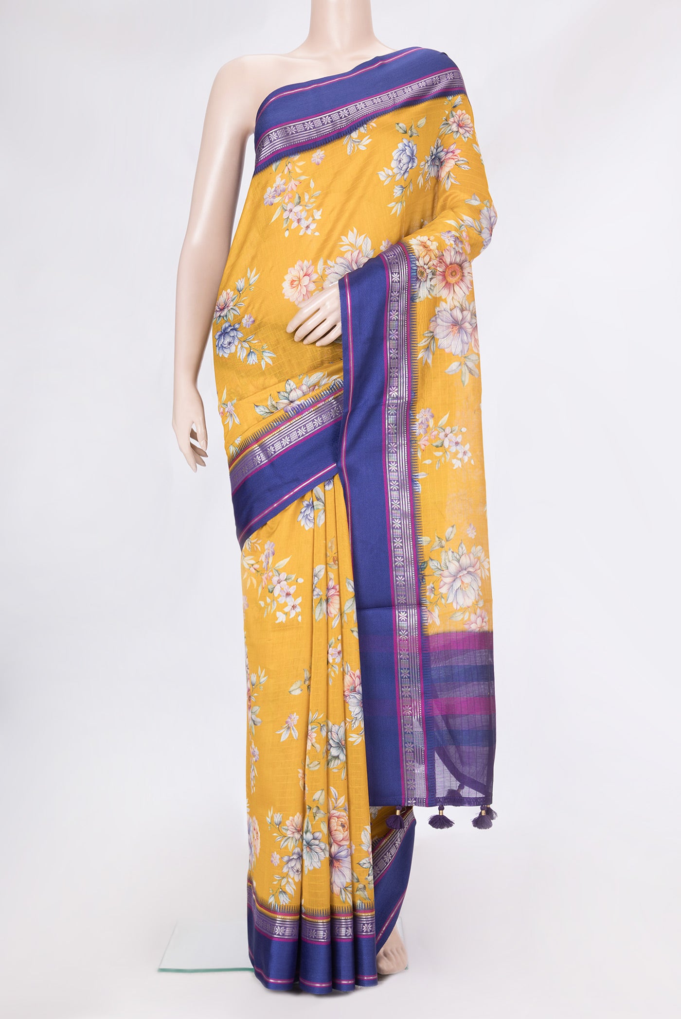 Mustard Dual Tone Chanderi Silk Saree with Printed design on the body and Zari And Thread Border.  displayed on a mannequin