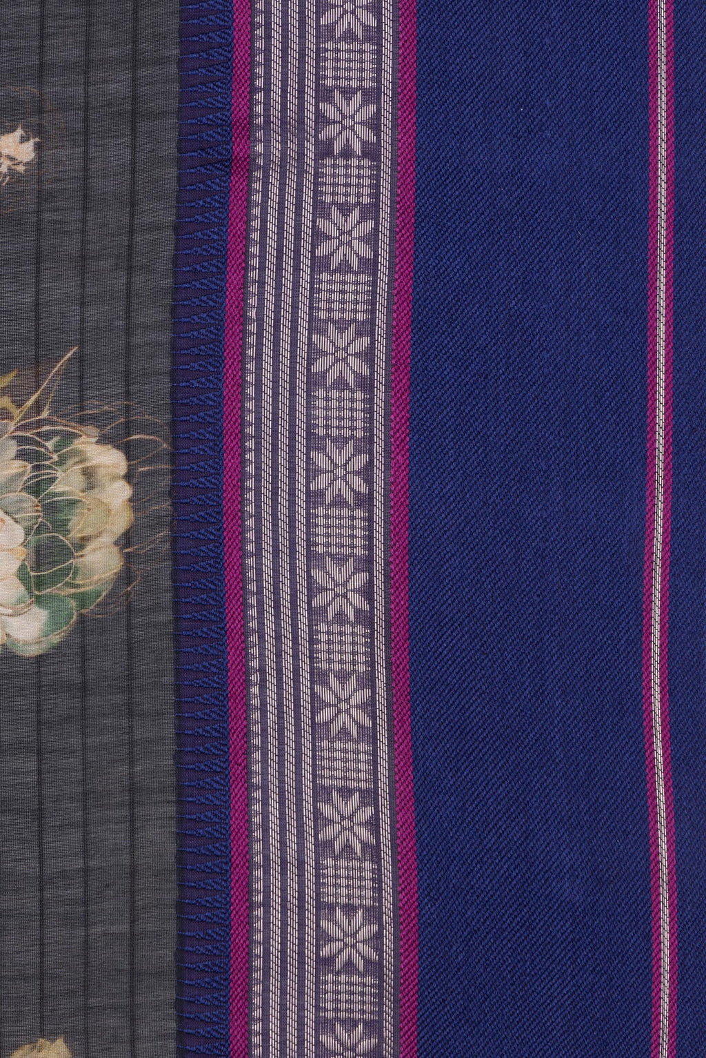 Border image of Pure Silk Black Dual Tone Chanderi Saree with Printed design on the body and Zari And Thread Border. 