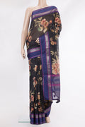 Pure Silk Black Dual Tone Chanderi Saree with Printed design on the body and Zari And Thread Border.  displayed on a mannequin