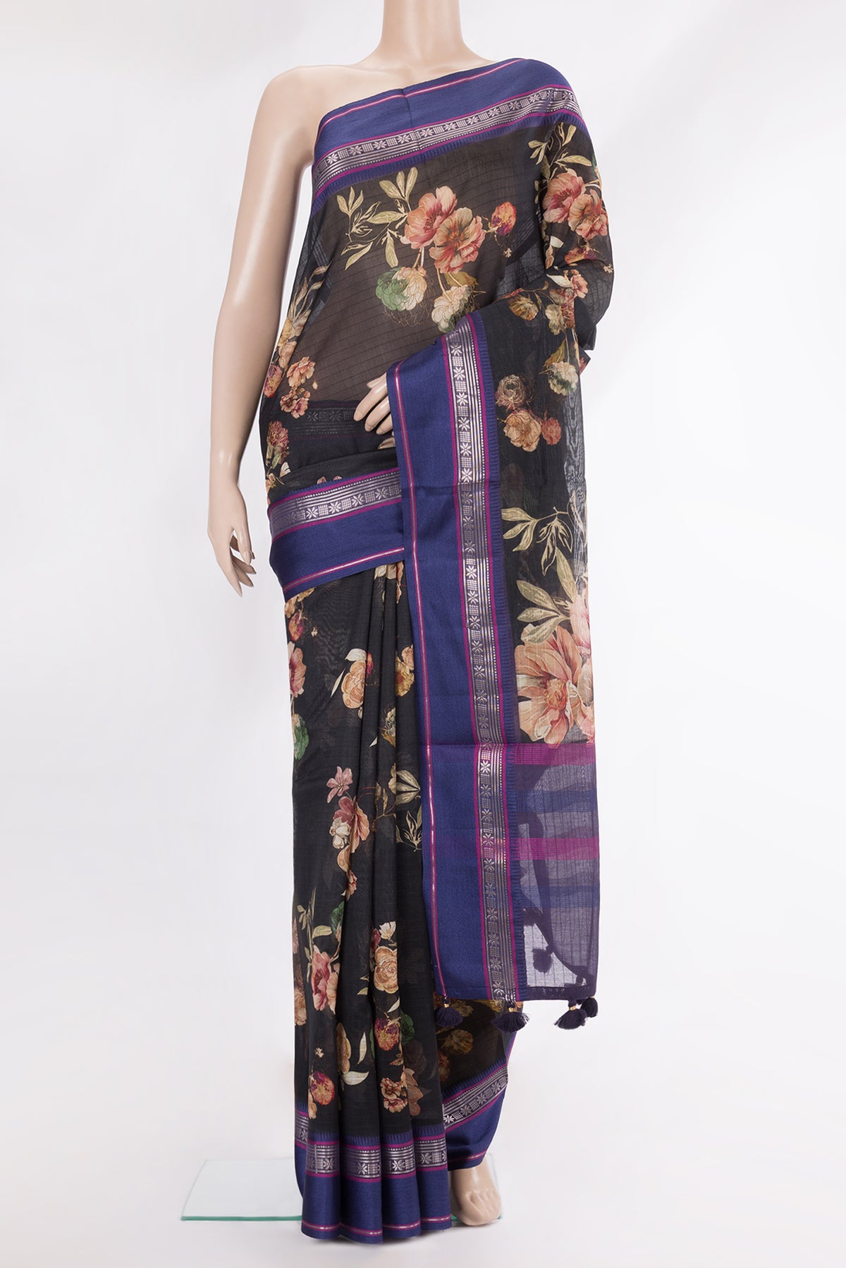Pure Silk Black Dual Tone Chanderi Saree with Printed design on the body and Zari And Thread Border.  displayed on a mannequin