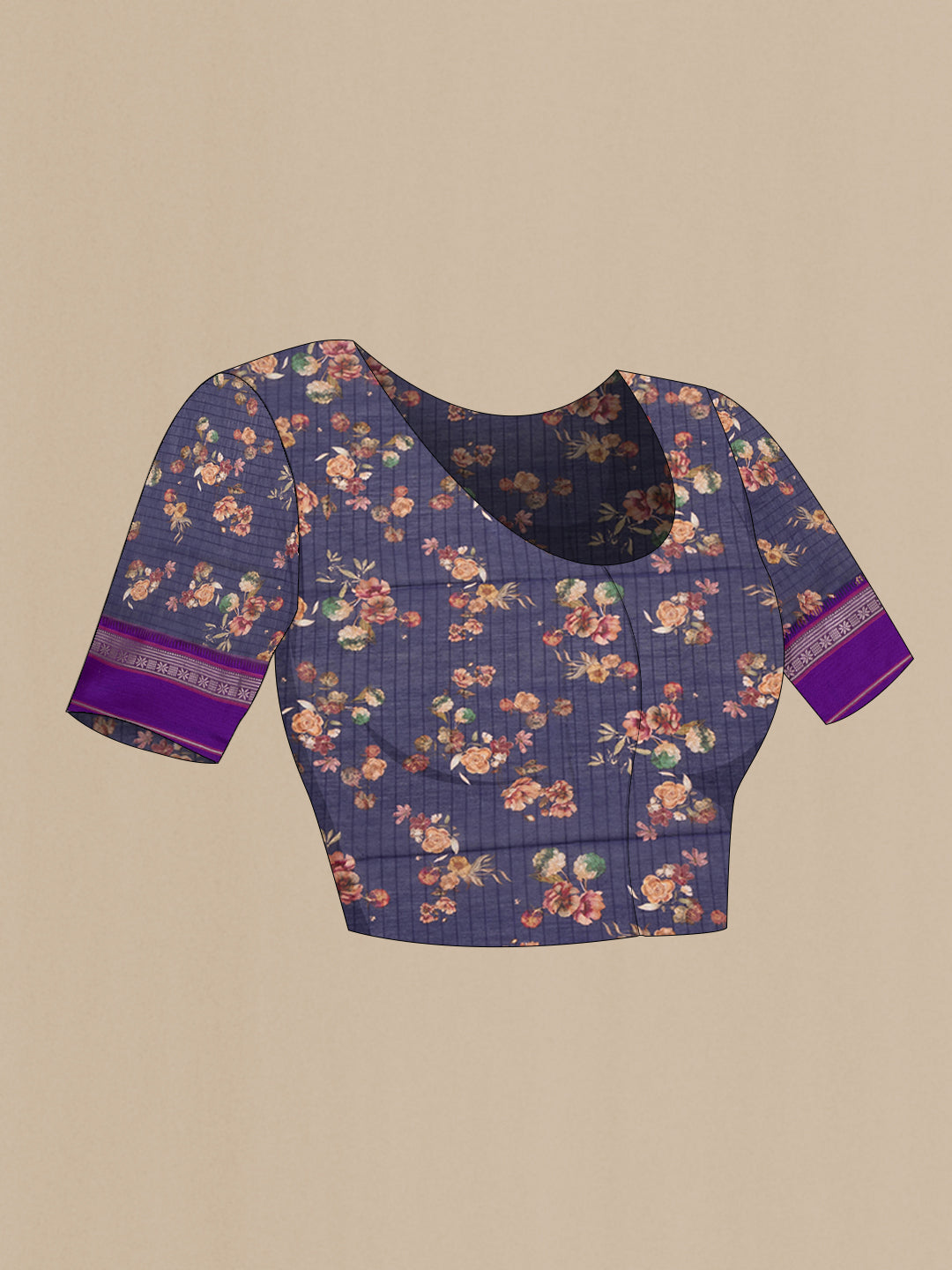 Close up image of the blouse of Pure Silk Navy Blue Dual Tone Chanderi Saree with Printed design on the body and Zari And Thread Border. 