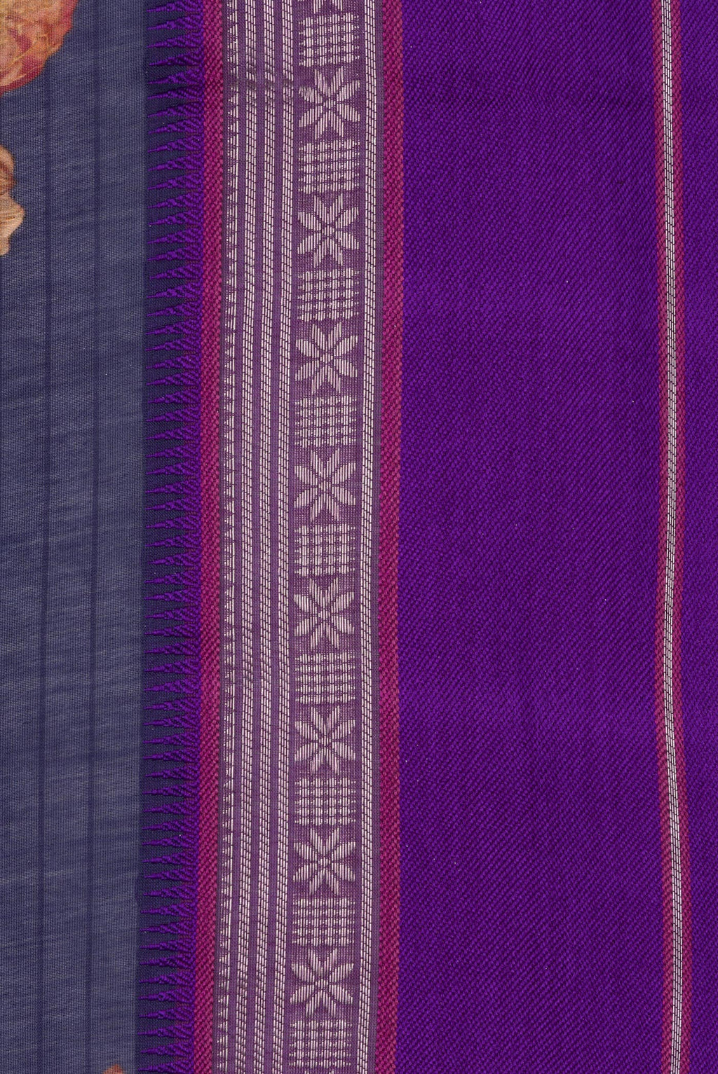 Border image of Pure Silk Navy Blue Dual Tone Chanderi Saree with Printed design on the body and Zari And Thread Border. 