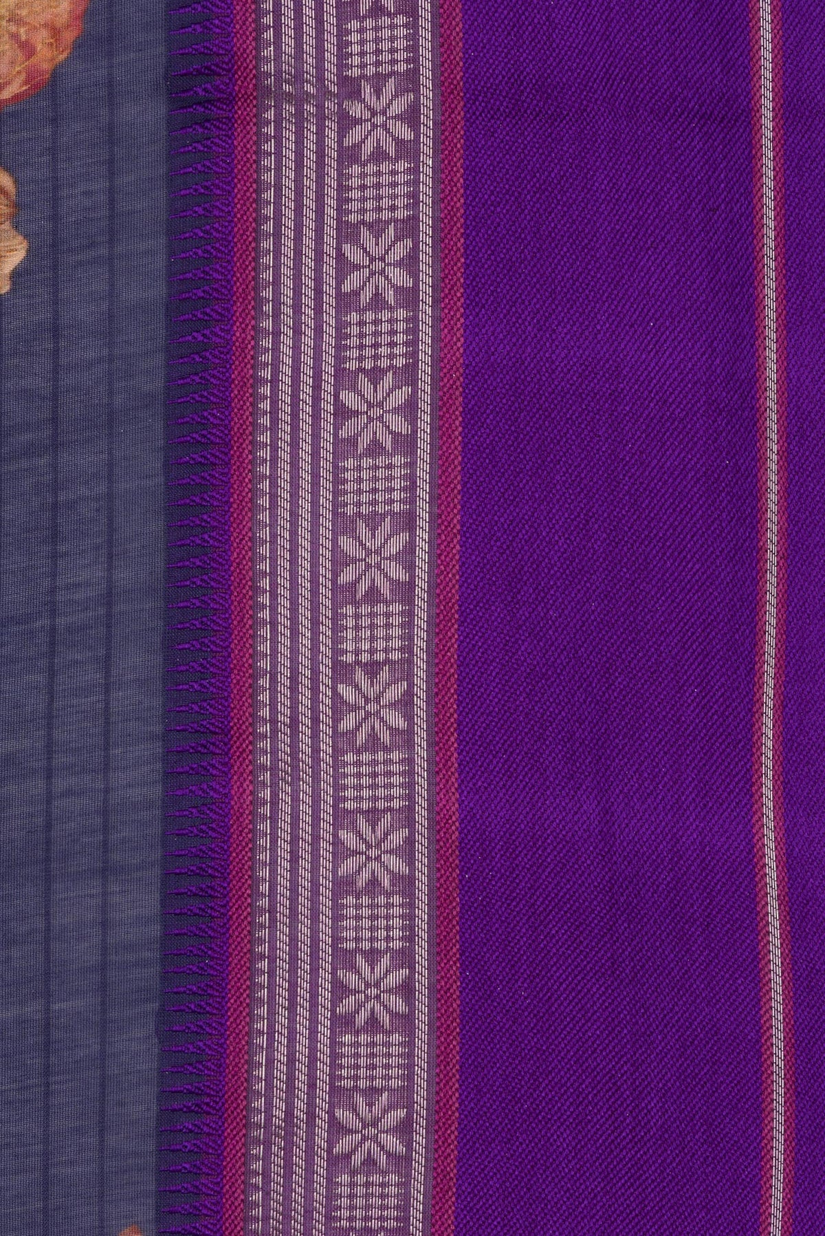 Border image of Pure Silk Navy Blue Dual Tone Chanderi Saree with Printed design on the body and Zari And Thread Border. 