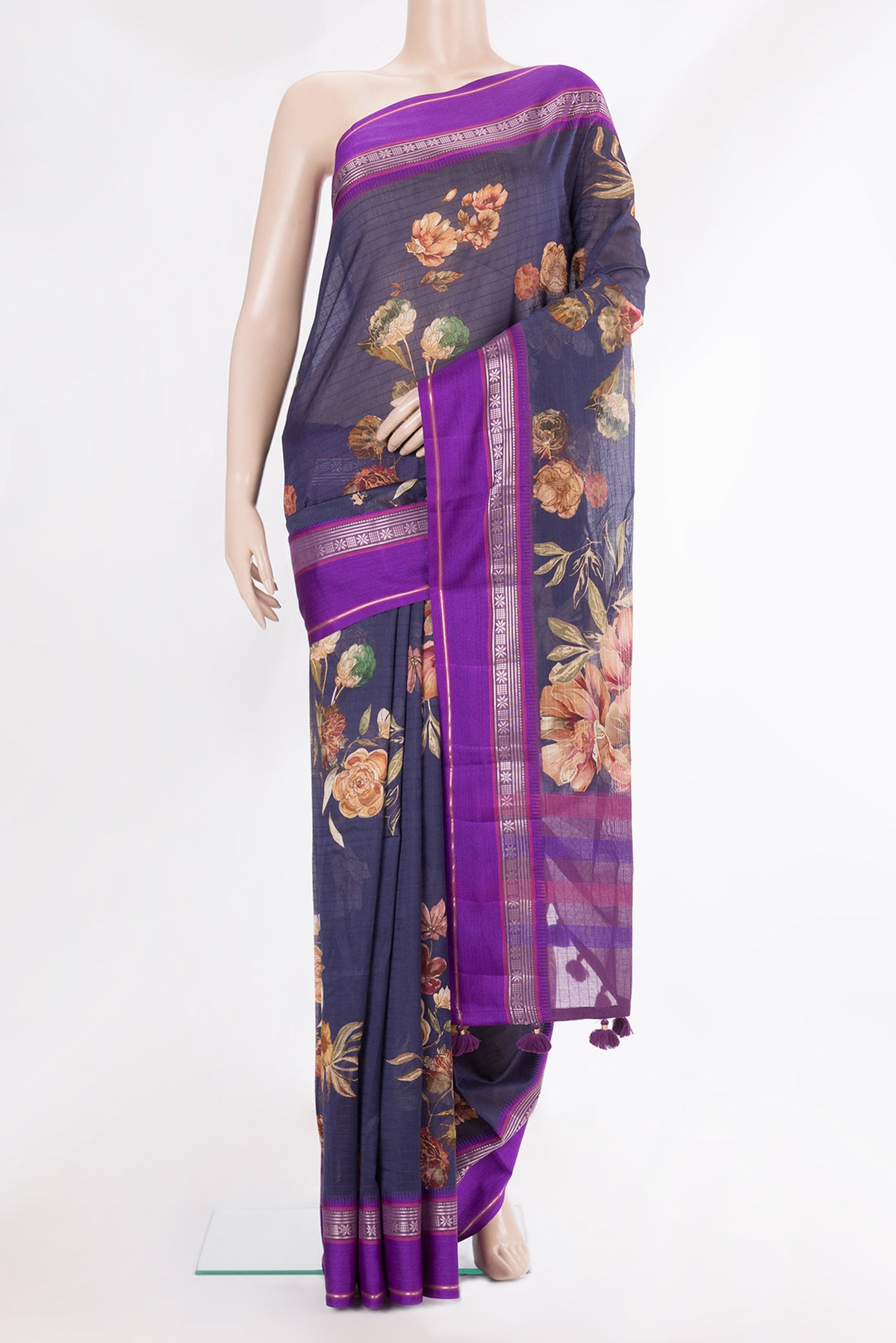 Pure Silk Navy Blue Dual Tone Chanderi Saree with Printed design on the body and Zari And Thread Border.  displayed on a mannequin