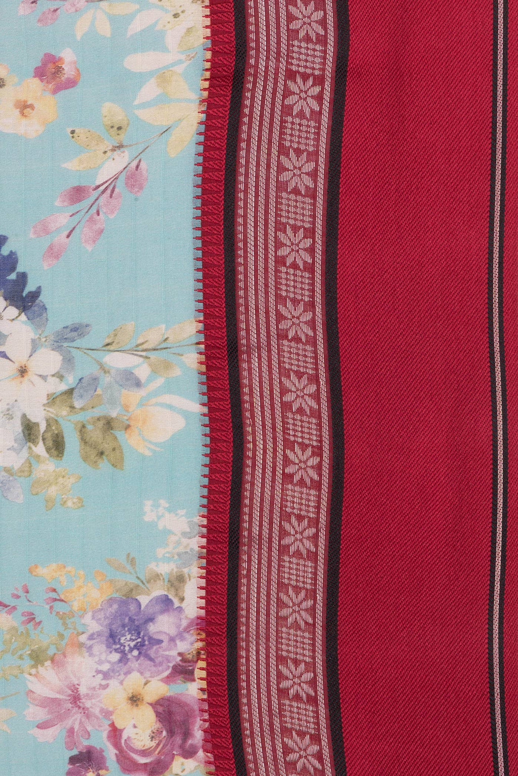 Border image of Pure Silk Sky Blue Dual Tone Chanderi Saree with Printed design on the body and Zari And Thread Border. 