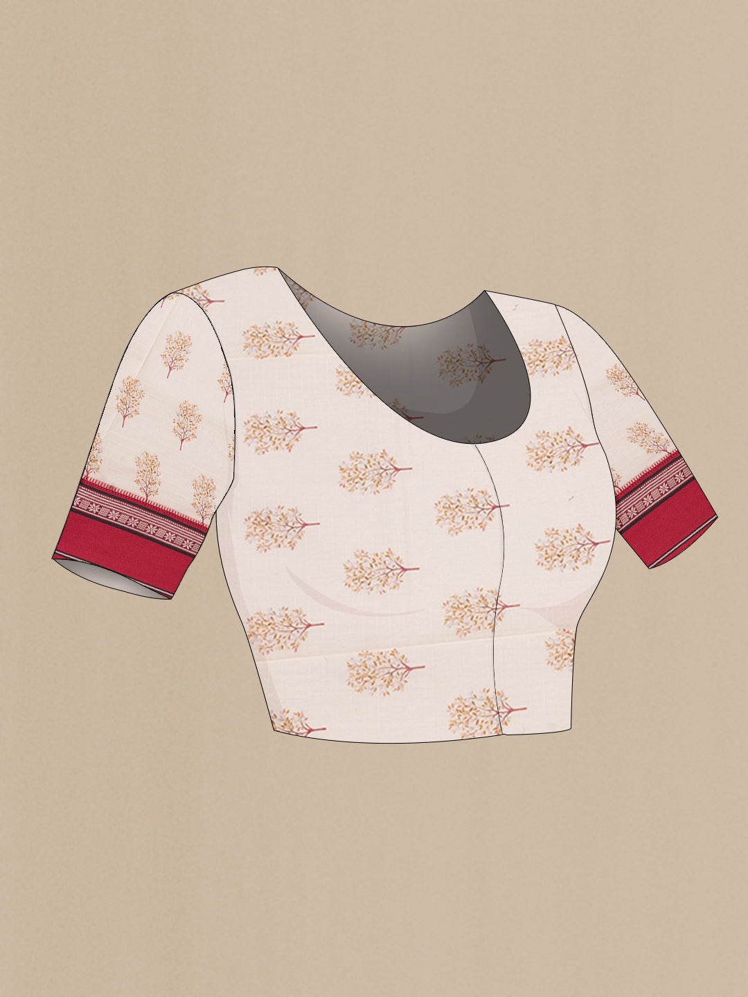 Close up image of the blouse of Pure Silk Beige Dual Tone Chanderi Saree with Printed design on the body and Zari And Thread Border. 