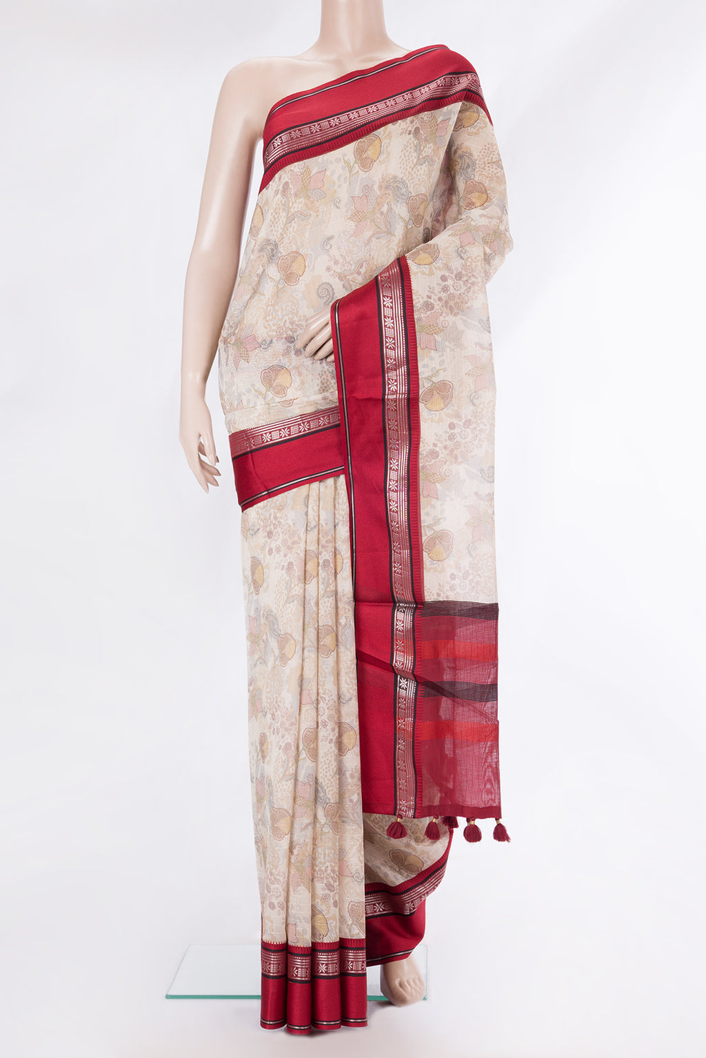 Pure Silk Beige Dual Tone Chanderi Saree with Printed design on the body and Zari And Thread Border.  displayed on a mannequin