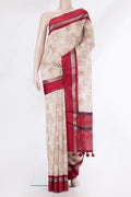 Pure Silk Beige Dual Tone Chanderi Saree with Printed design on the body and Zari And Thread Border.  displayed on a mannequin