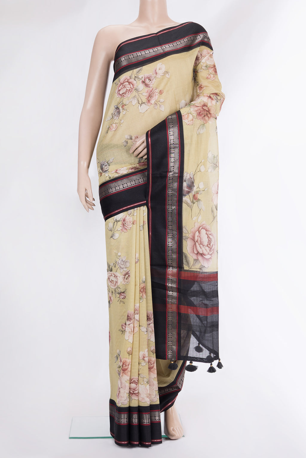 Pure Silk Beige Dual Tone Chanderi Saree with Printed design on the body and Zari And Thread Border.  displayed on a mannequin