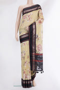 Pure Silk Beige Dual Tone Chanderi Saree with Printed design on the body and Zari And Thread Border.  displayed on a mannequin