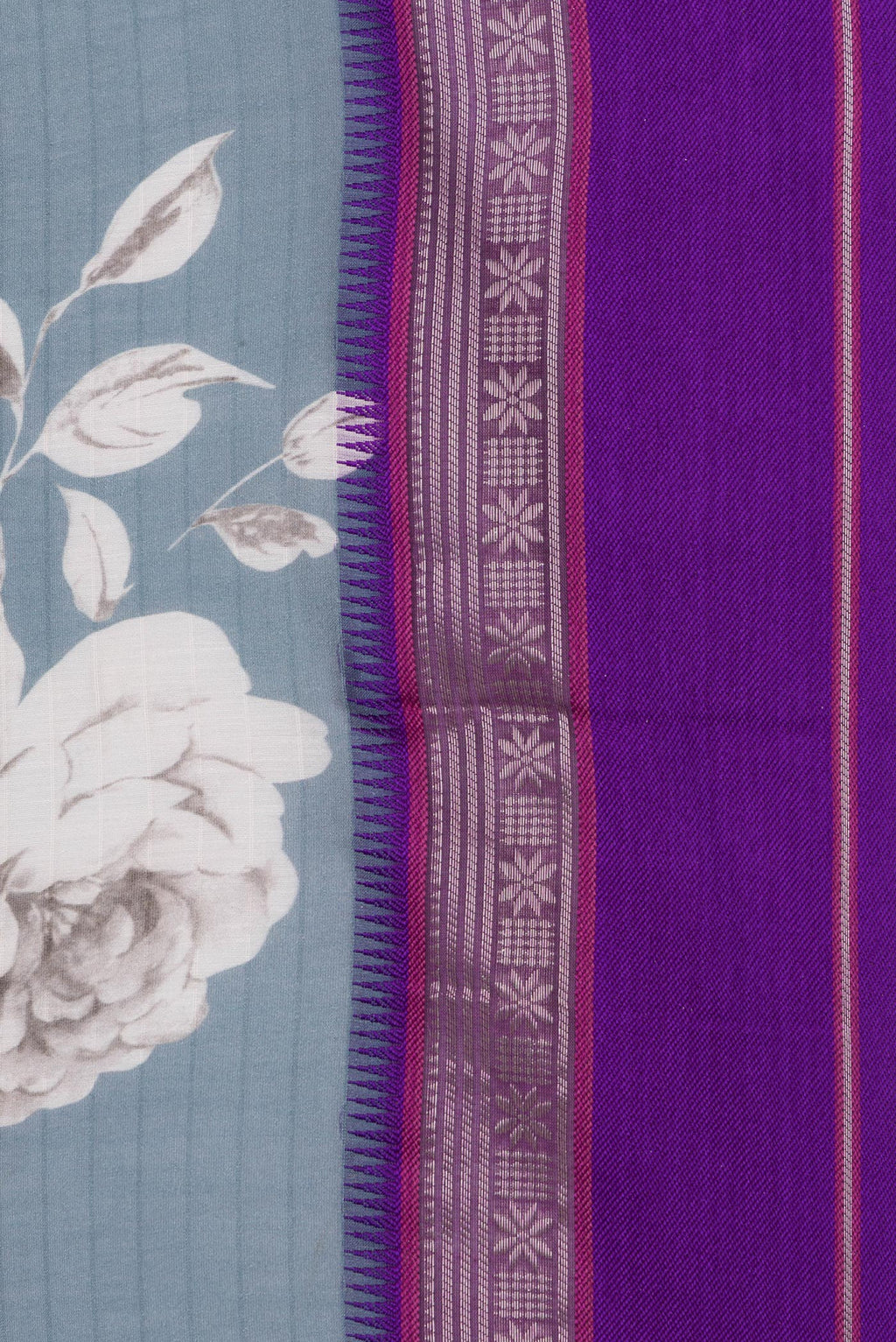 Border image of Pure Silk Grey Dual Tone Chanderi Saree with Printed design on the body and Zari And Thread Border. 