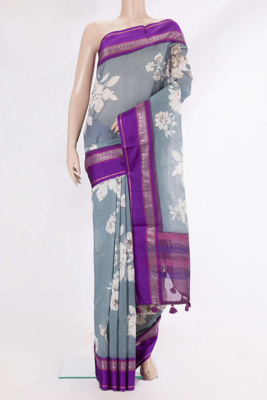Pure Silk Grey Dual Tone Chanderi Saree with Printed design on the body and Zari And Thread Border.  displayed on a mannequin