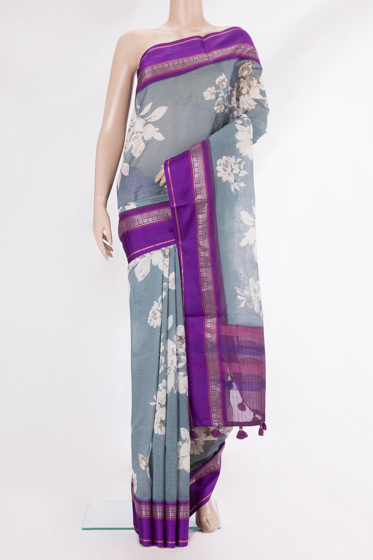 Pure Silk Grey Dual Tone Chanderi Saree with Printed design on the body and Zari And Thread Border.  displayed on a mannequin