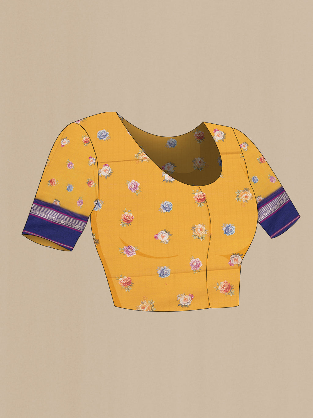 Close up image of the blouse of Pure Silk Mustard Dual Tone Chanderi Saree with Printed design on the body and Zari And Thread Border. 