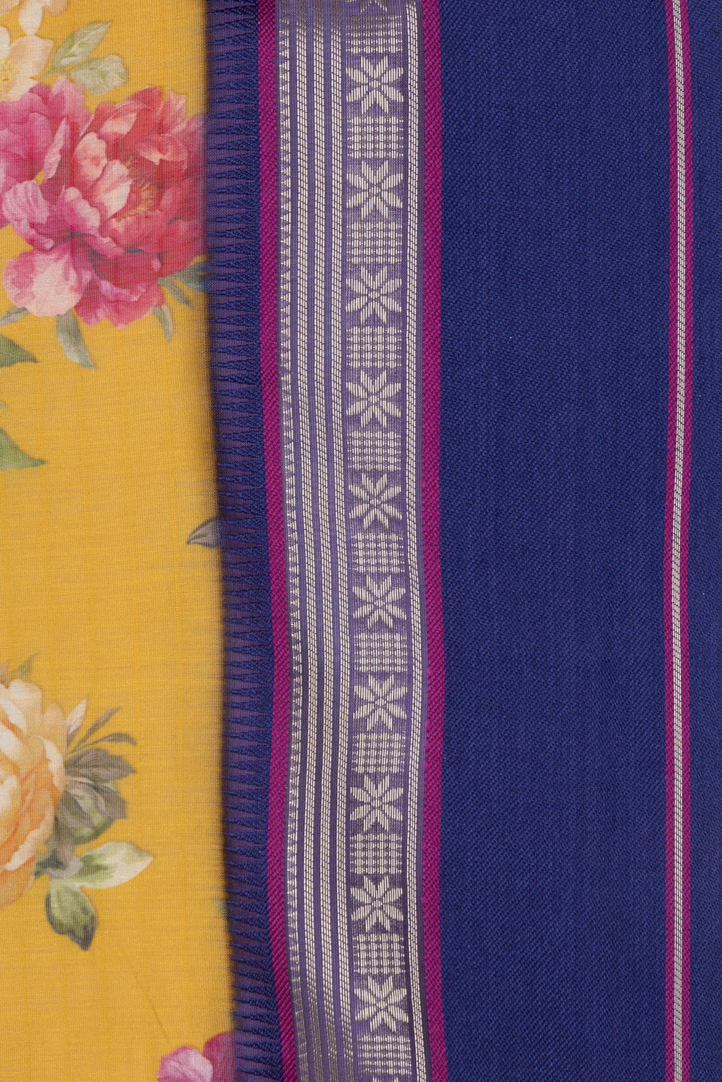 Border image of Pure Silk Mustard Dual Tone Chanderi Saree with Printed design on the body and Zari And Thread Border. 