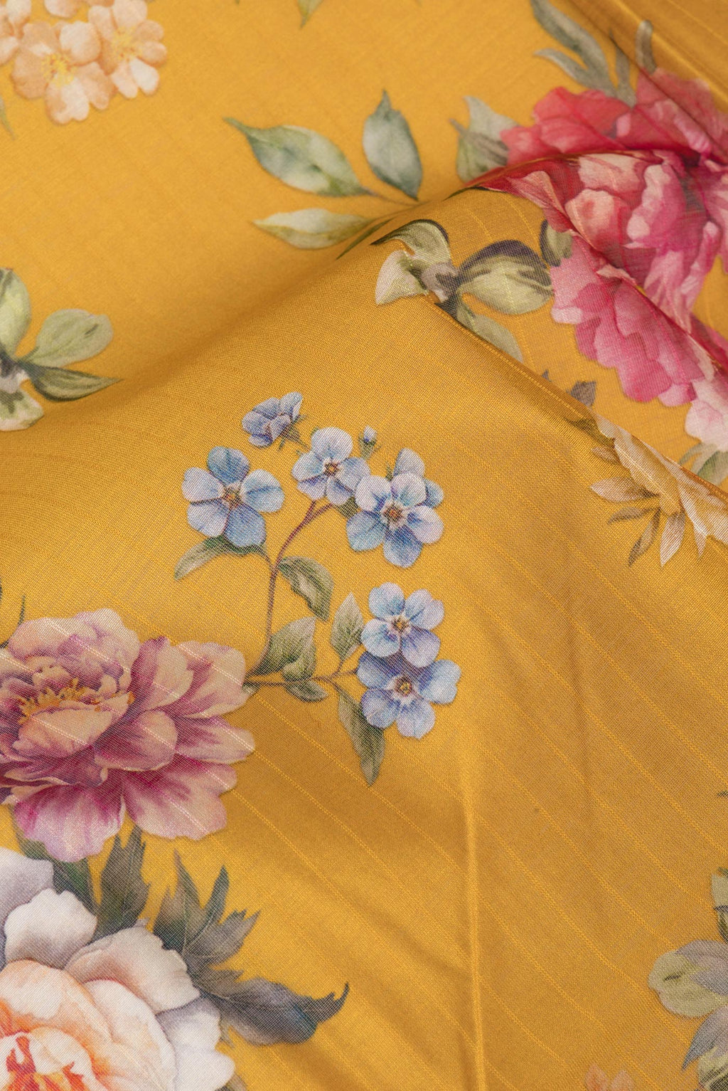Close up of Pure Silk Mustard Dual Tone Chanderi Saree with Printed design on the body and Zari And Thread Border.  displaying folds