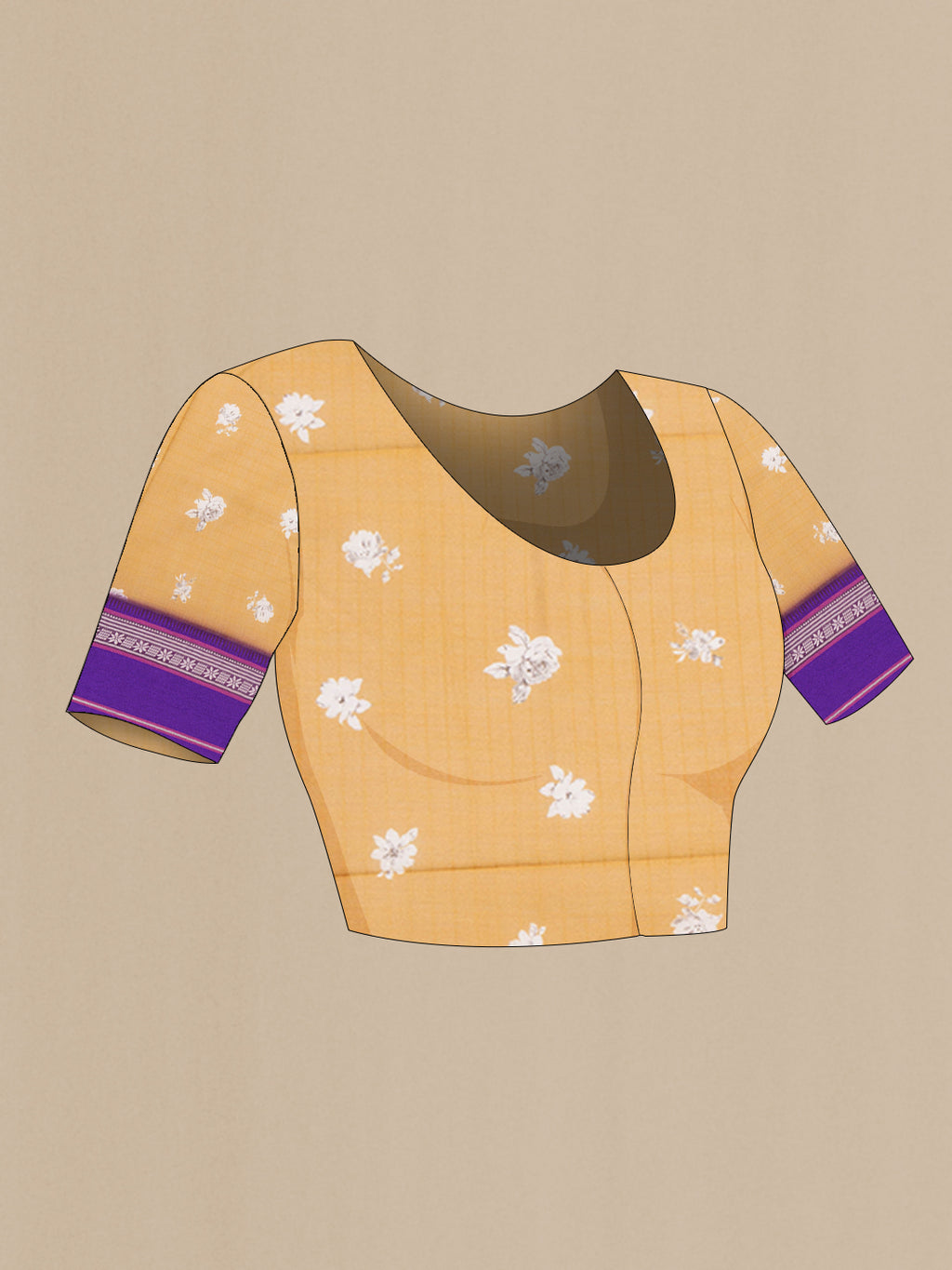 Close up image of the blouse of Pure Silk Mustard Dual Tone Chanderi Saree with Printed design on the body and Zari And Thread Border. 