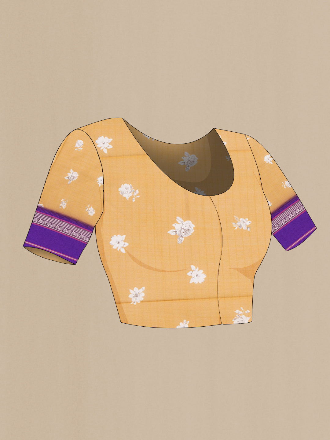 Close up image of the blouse of Pure Silk Mustard Dual Tone Chanderi Saree with Printed design on the body and Zari And Thread Border. 