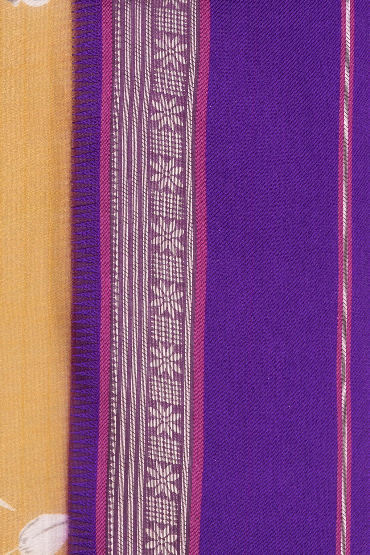 Border image of Pure Silk Mustard Dual Tone Chanderi Saree with Printed design on the body and Zari And Thread Border. 