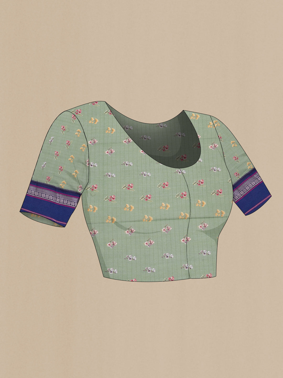 Close up image of the blouse of Pure Silk Green Dual Tone Chanderi Saree with Printed design on the body and Zari And Thread Border. 