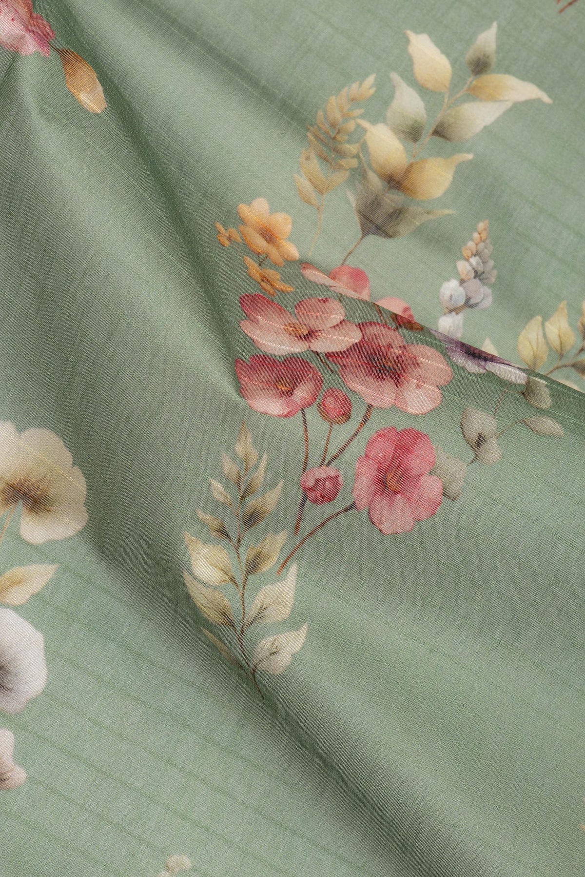 Close up of Pure Silk Green Dual Tone Chanderi Saree with Printed design on the body and Zari And Thread Border.  displaying folds