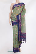 Pure Silk Green Dual Tone Chanderi Saree with Printed design on the body and Zari And Thread Border.  displayed on a mannequin