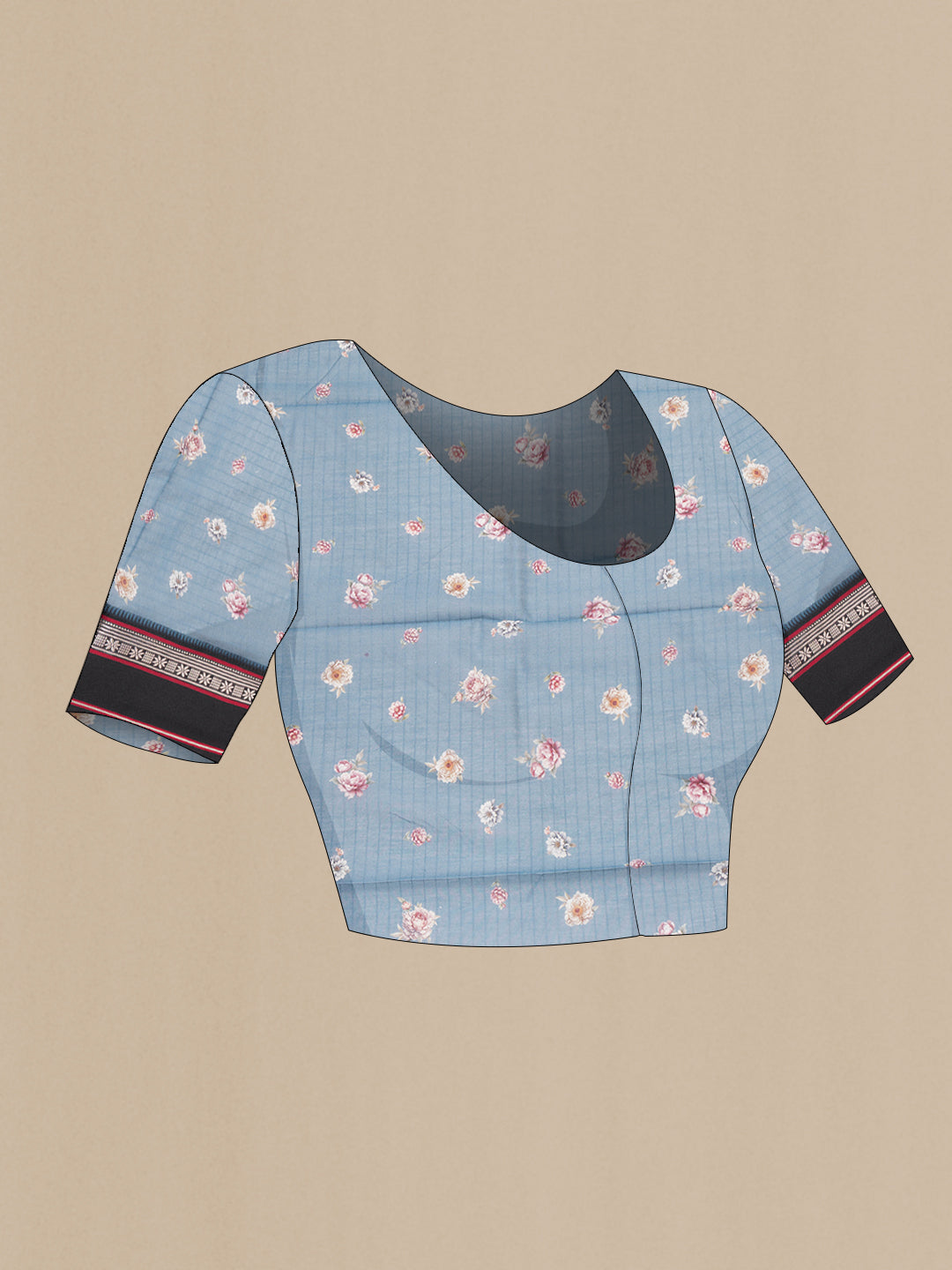 Close up image of the blouse of Light Blue Chanderi Cotton Saree with Floral Print on the body and Zari And Thread Border. 