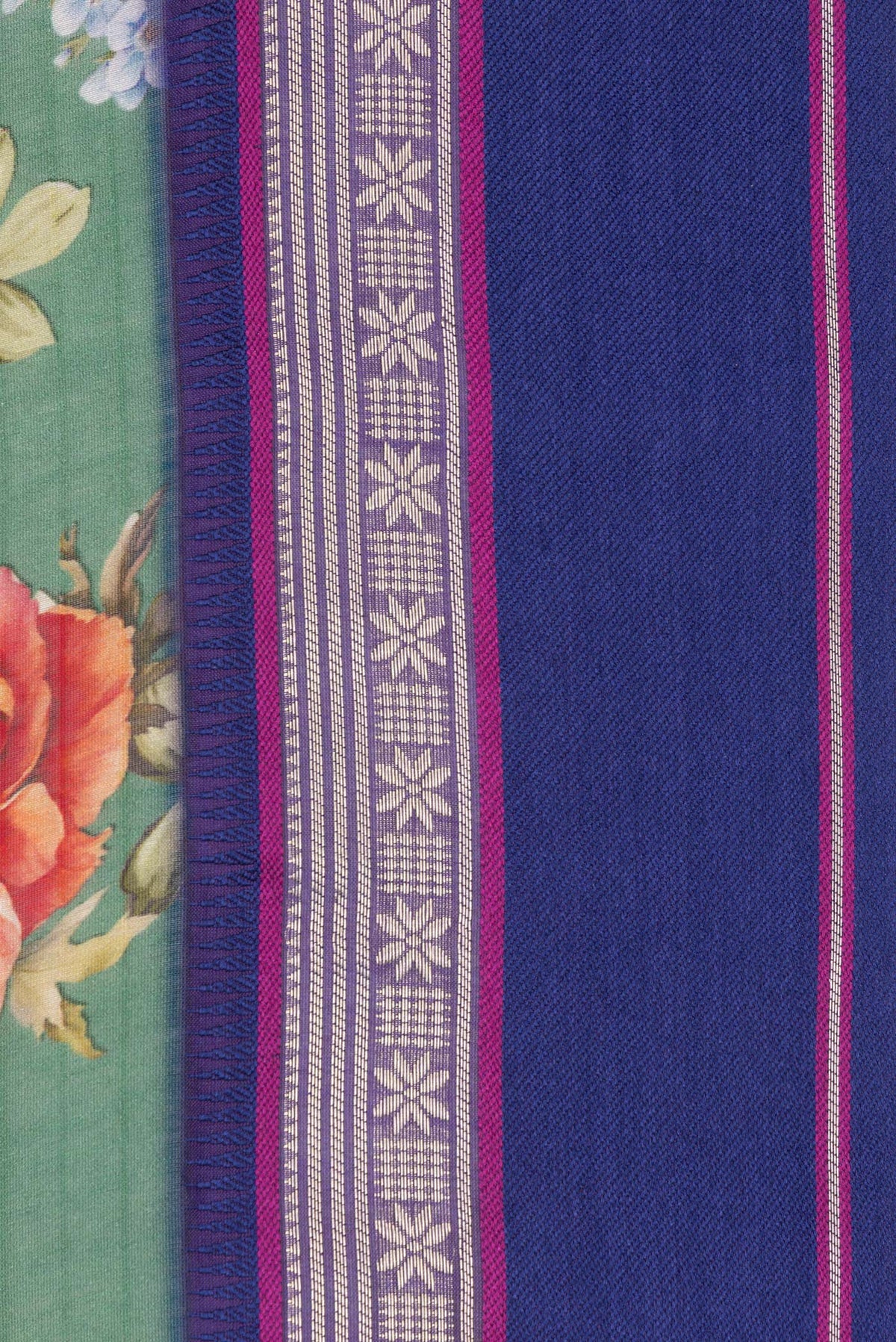 Border image of Pure Silk Green Dual Tone Chanderi Saree with Printed design on the body and Zari And Thread Border. 