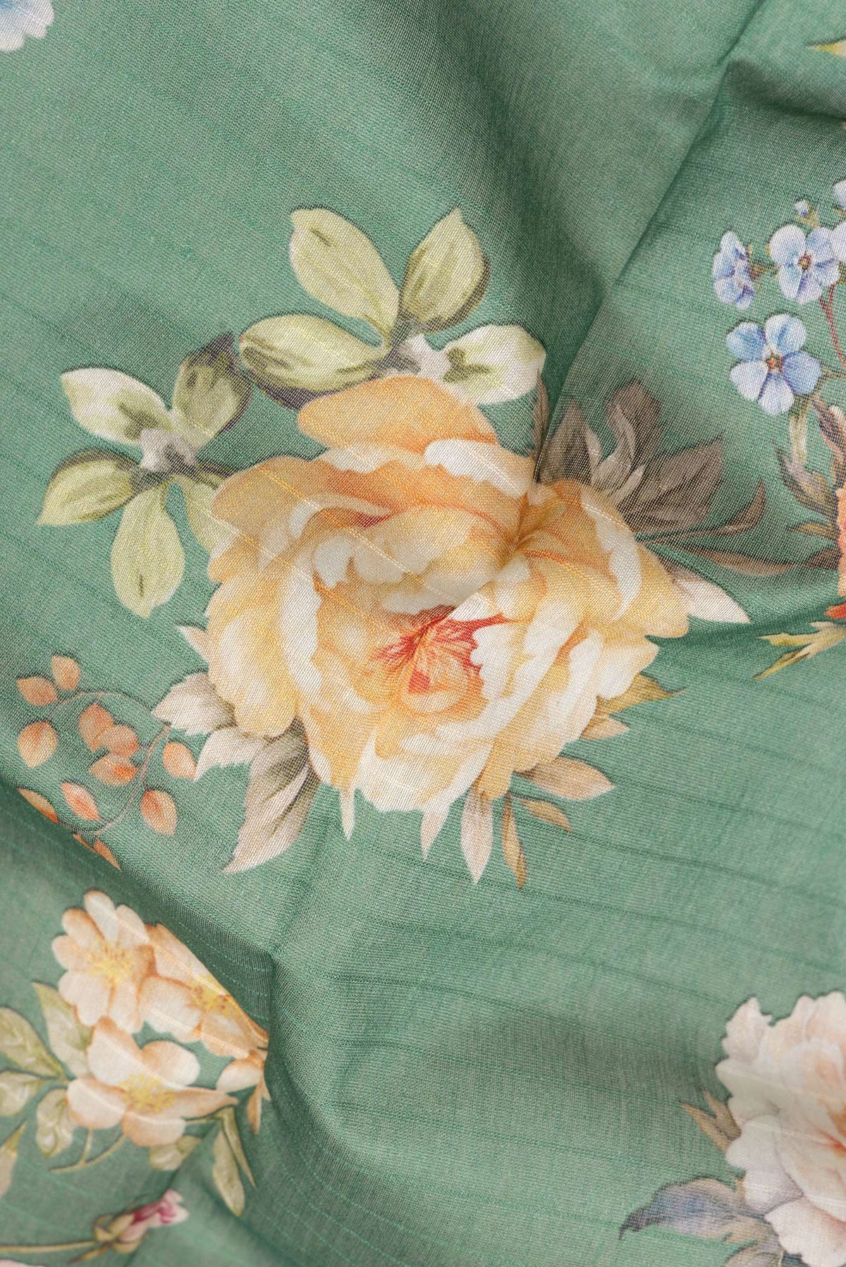 Close up of Pure Silk Green Dual Tone Chanderi Saree with Printed design on the body and Zari And Thread Border.  displaying folds