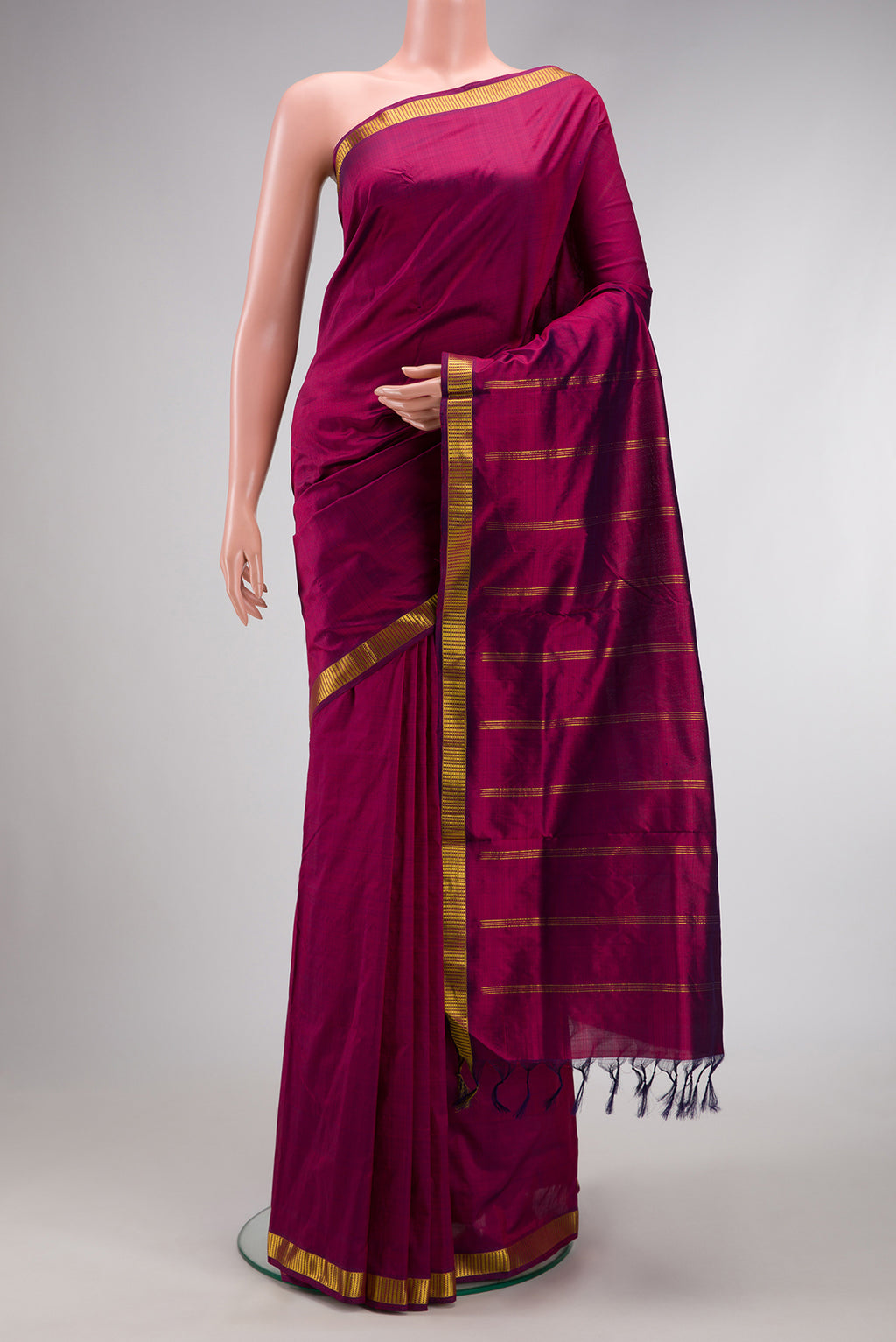 Purple Dual Tone Kanjivaram Silk Nine Yards Saree with Zari Butta on the body and Zari Border.  displayed on a mannequin