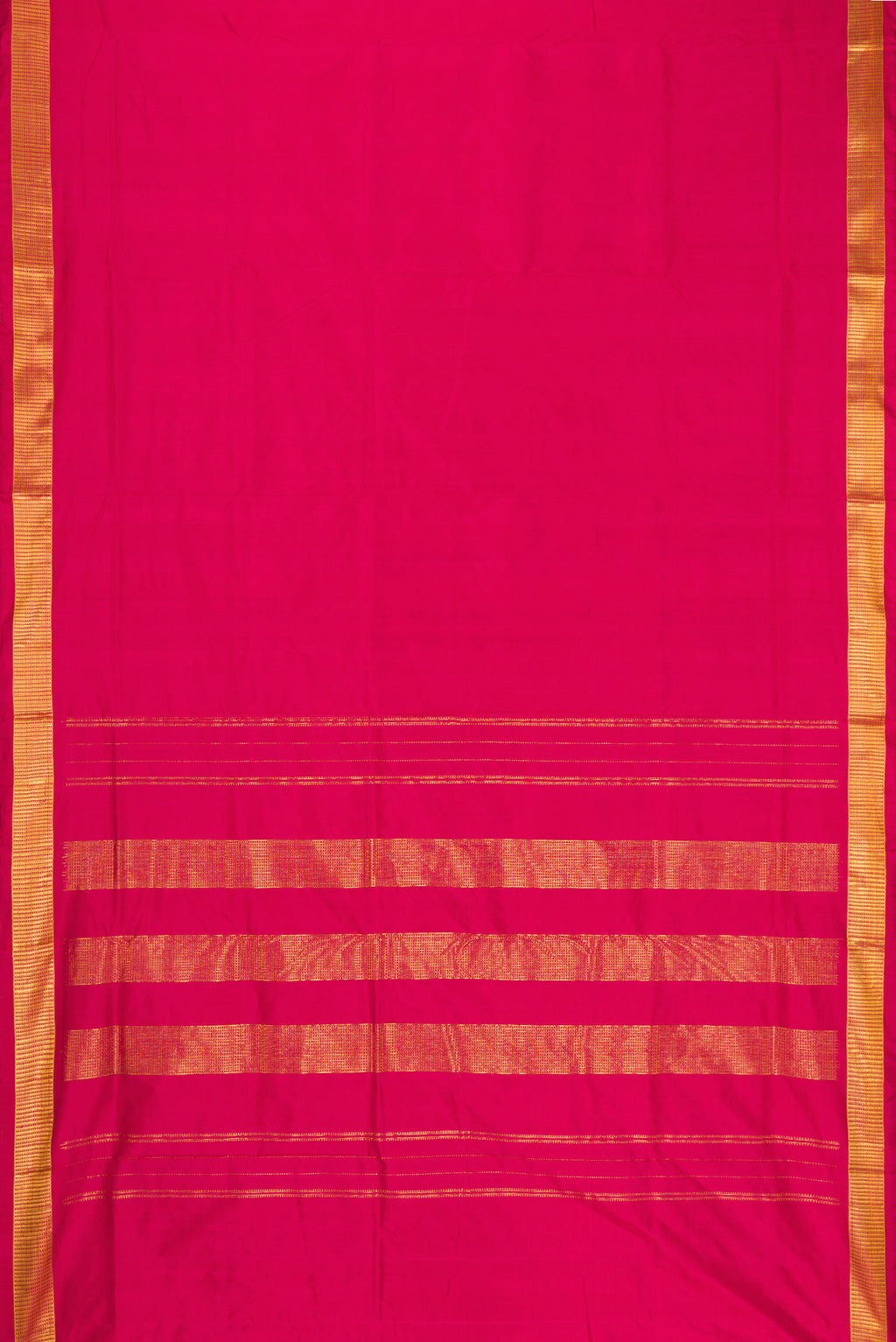 Flat view of Maroon Kanchipuram Silk Nine Yards Saree with Plain Body and Zari Border. 