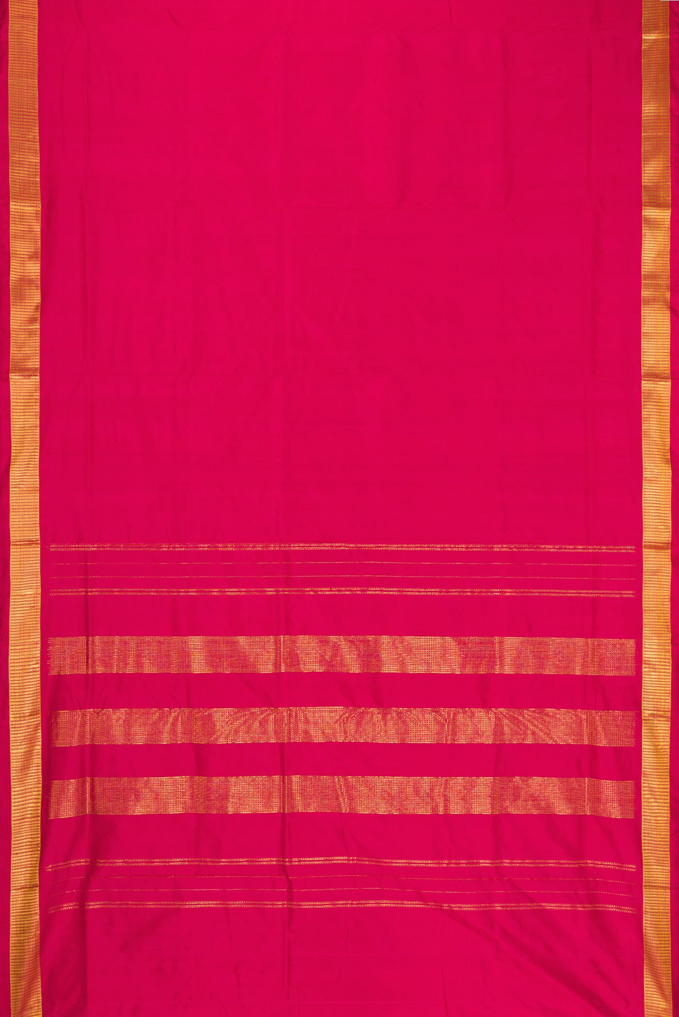 Flat view of Maroon Kanchipuram Silk Nine Yards Saree with Plain Body and Zari Border. 