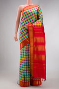Pure Silk Pure Zari Sea Green , Yellow and Dark PInk Color Kanchipuram Nine Yards Saree with Checked design on the body and Zari Border.  displayed on a mannequin