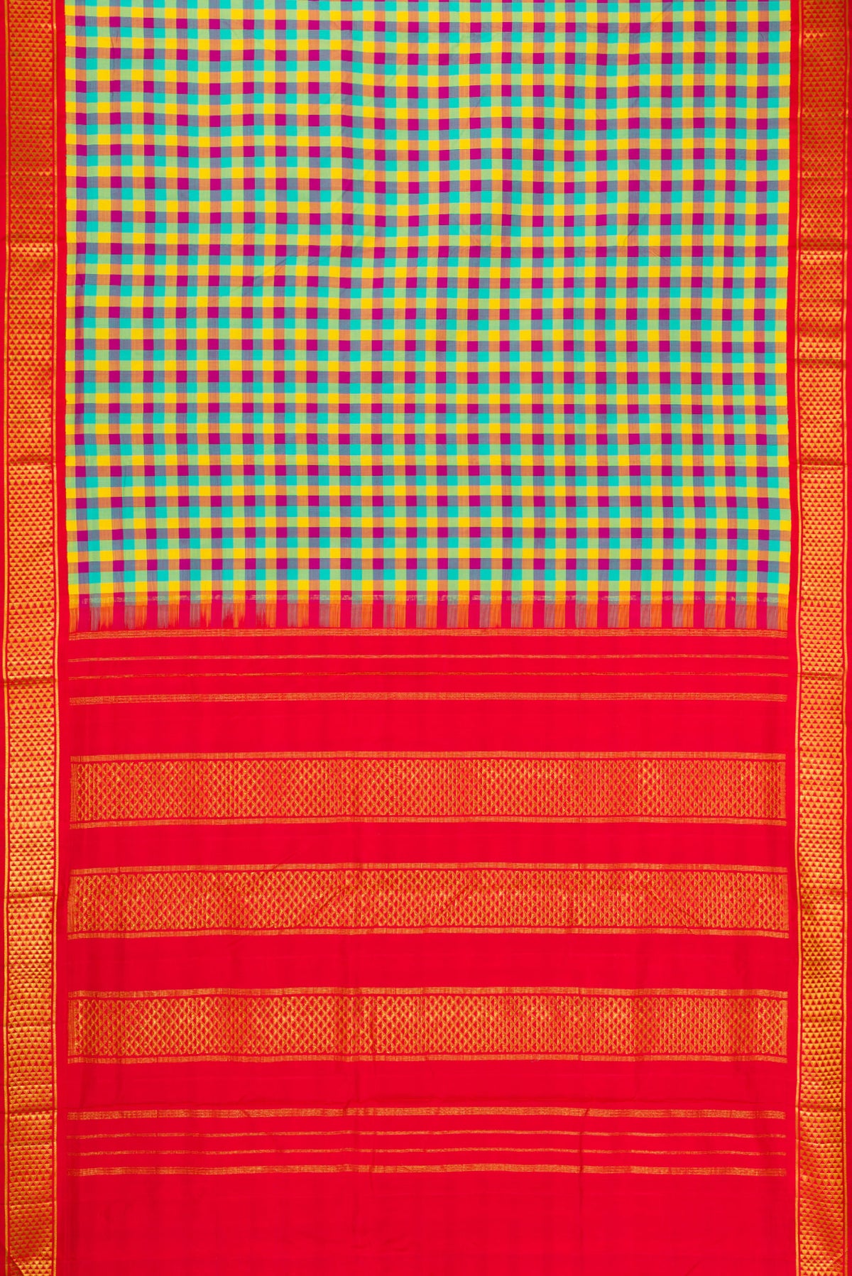 Flat view of Pure Silk Pure Zari Sea Green , Yellow and Dark PInk Color Kanchipuram Nine Yards Saree with Checked design on the body and Zari Border. 