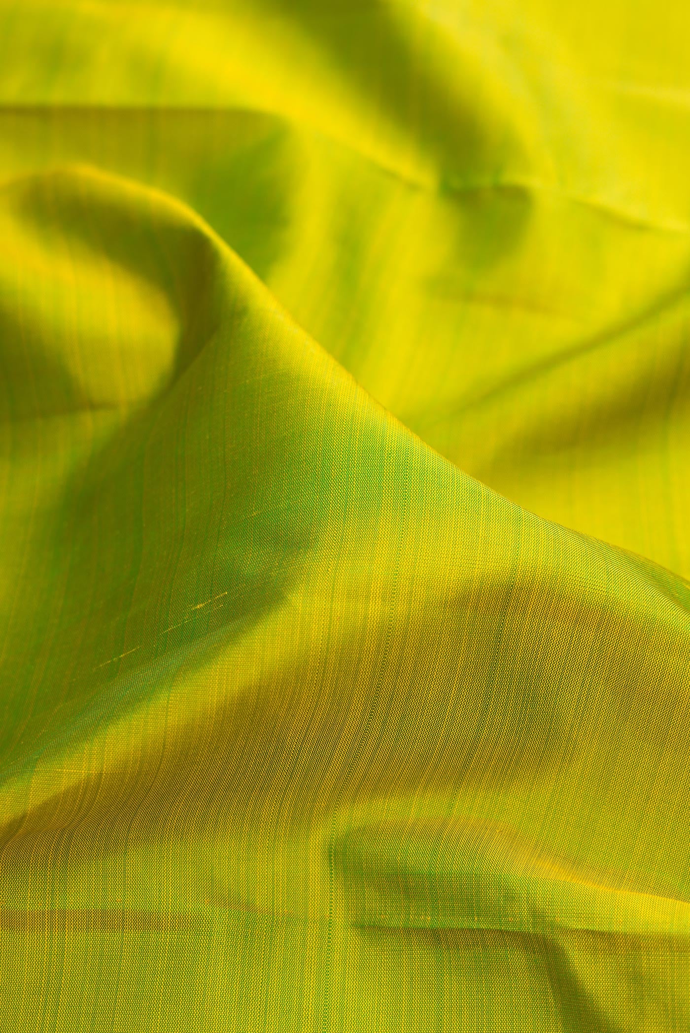 Close up of Pure Silk Pure Zari Parrot Green Kanchipuram Nine Yards Saree with Plain Body and Zari Border.  displaying folds