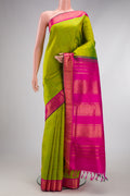 Pure Silk Pure Zari Parrot Green Kanchipuram Nine Yards Saree with Plain Body and Zari Border.  displayed on a mannequin